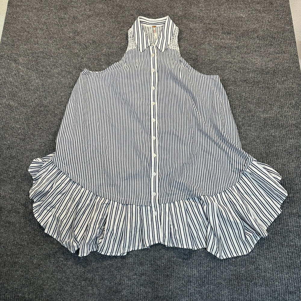 Free People Striped Halter Tunic S Blue White Ruffle Hem Smocked Back